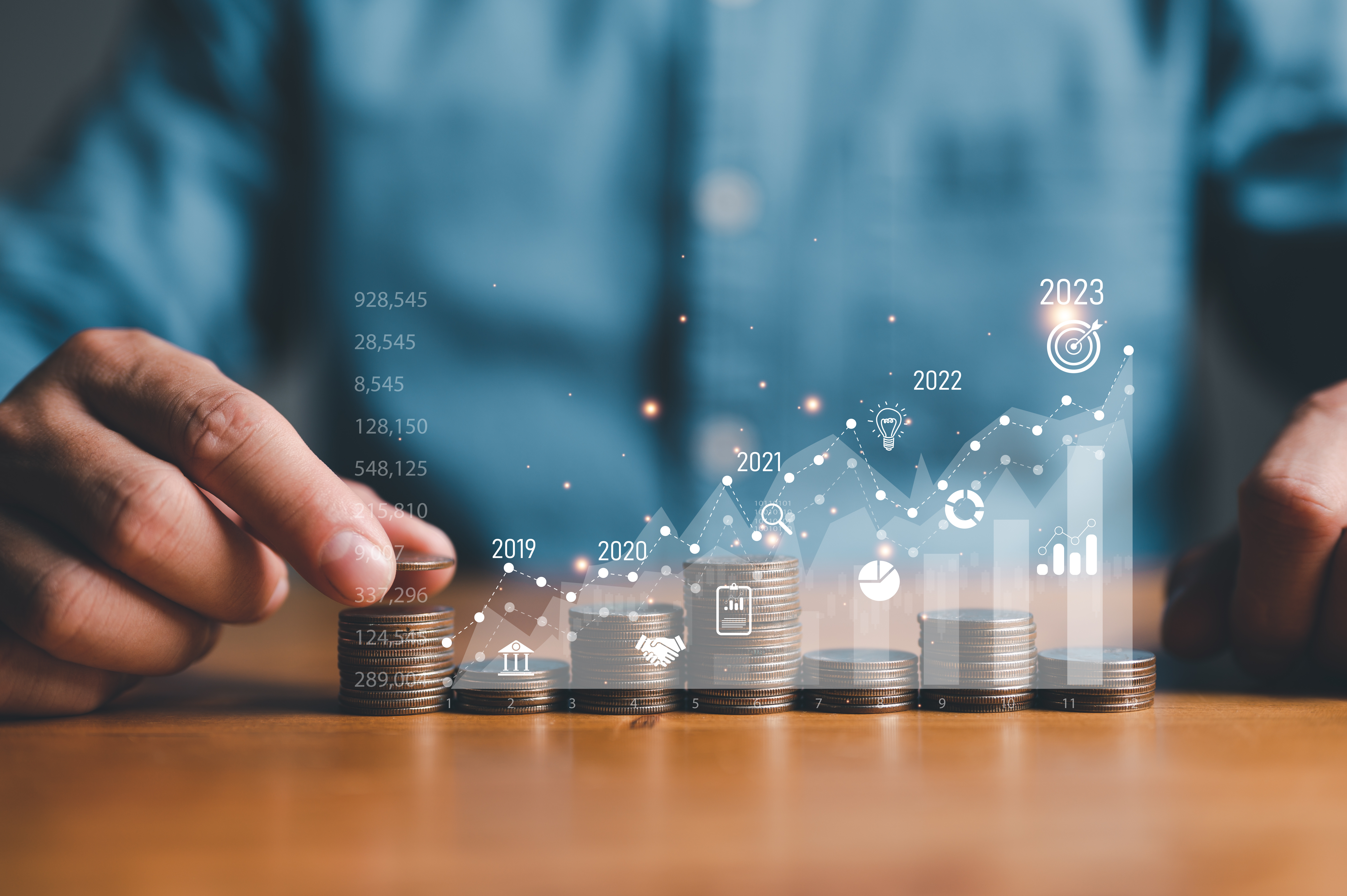 save, saving, planning and strategy, Stock market, Business growth, progress or success concept. Businessman or trader is showing a growing virtual hologram stock graph, invest in fund or trading.