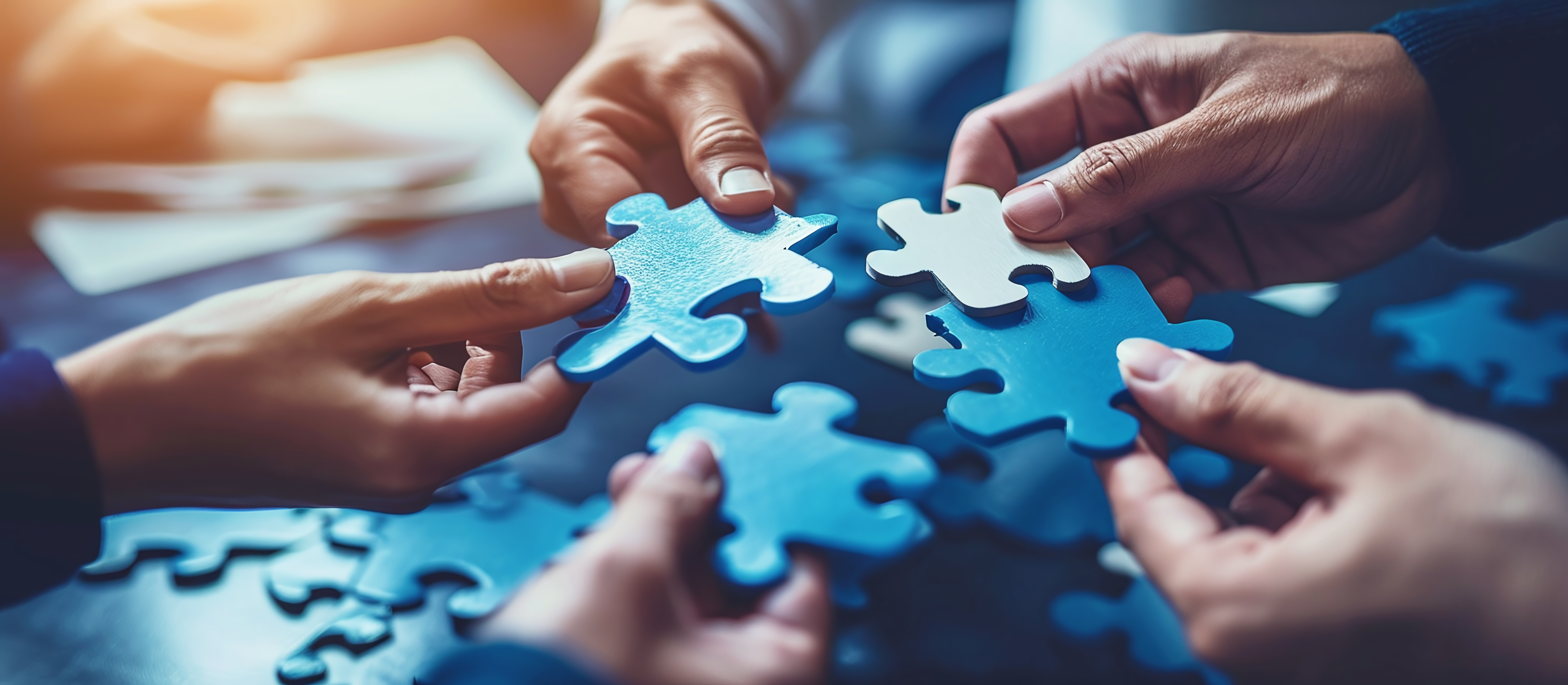 businessmen’s hands hold puzzles. concept of teamwork to achieve goals