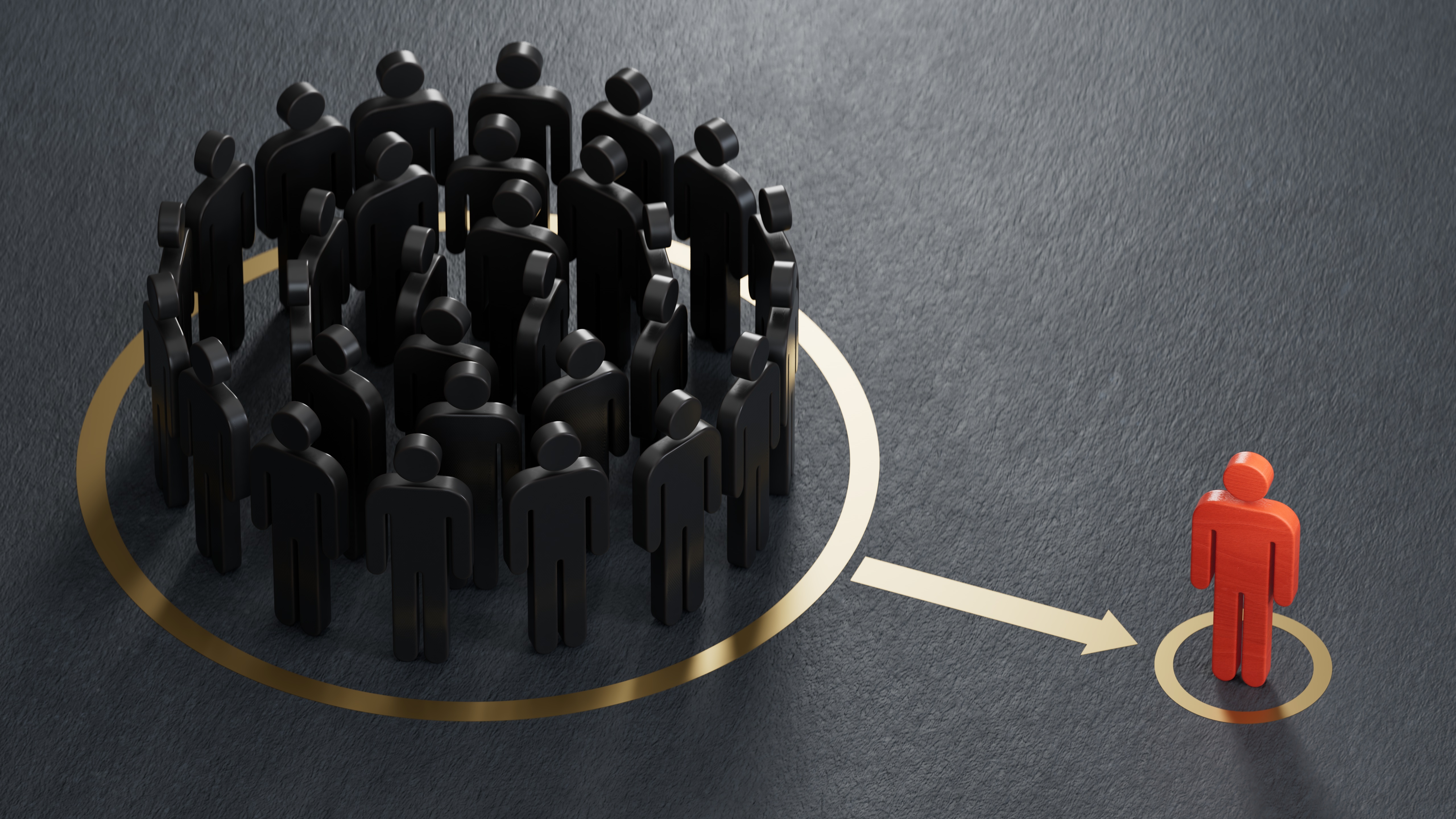 3d illustration of many pawns over RED and representing a class action or a collective redress concept.3D rendering on black background.