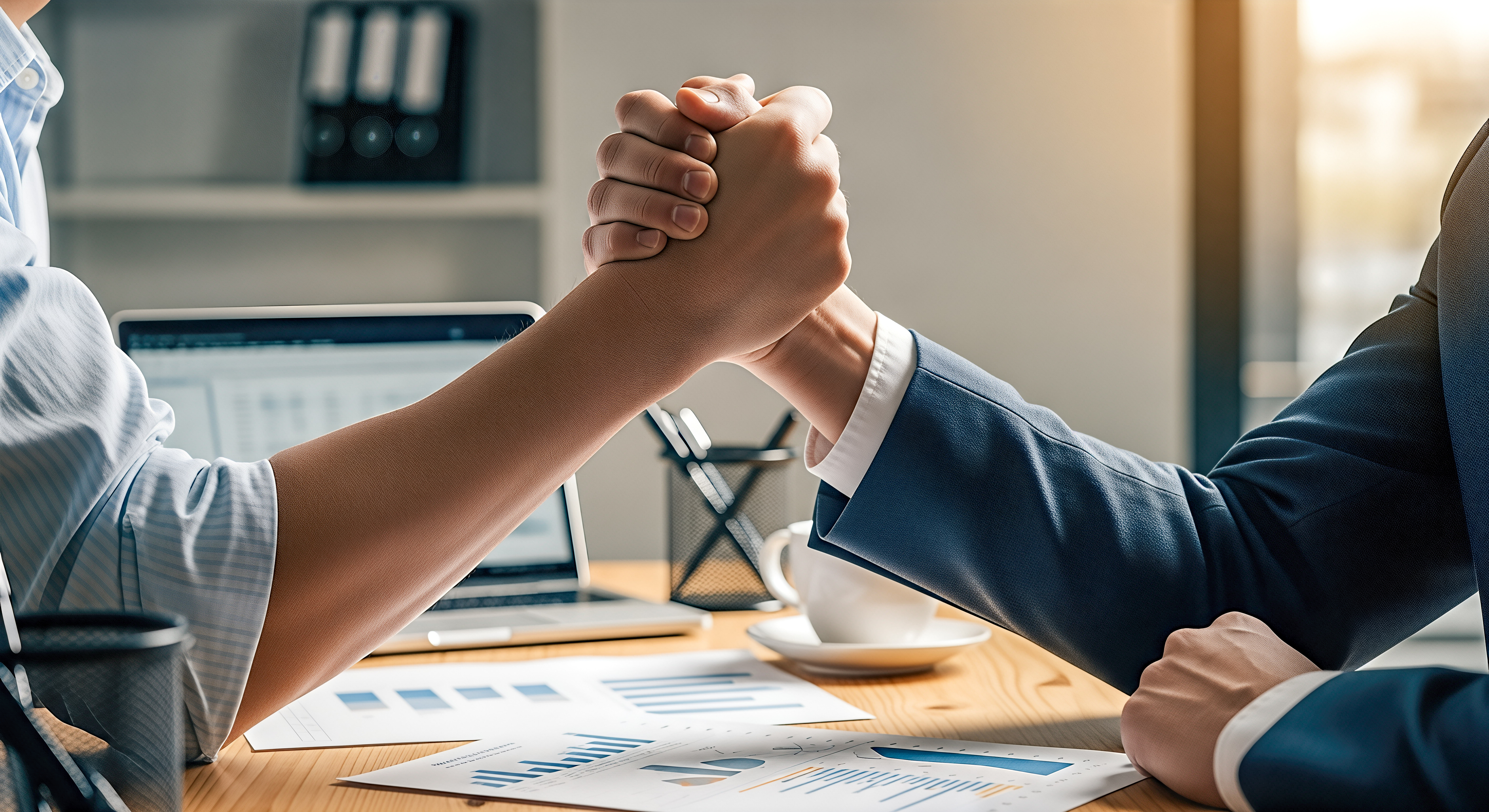 Two men arm wrestling on wooden table close up hands struggle competition rivalry conflict strength power challenge opposition business
