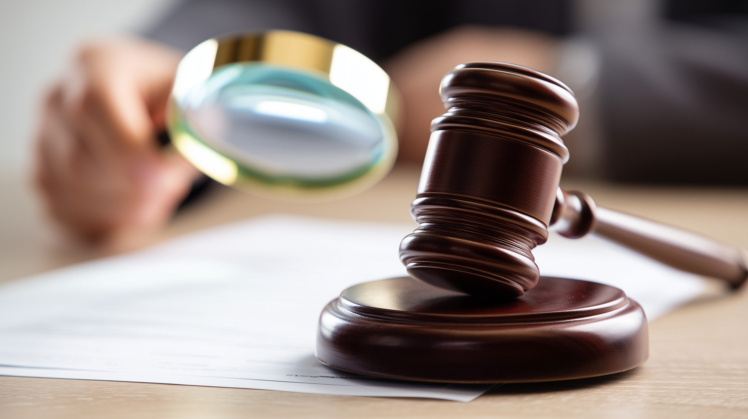 Close up of judge gavel and magnifying glass, legal review and justice concept.