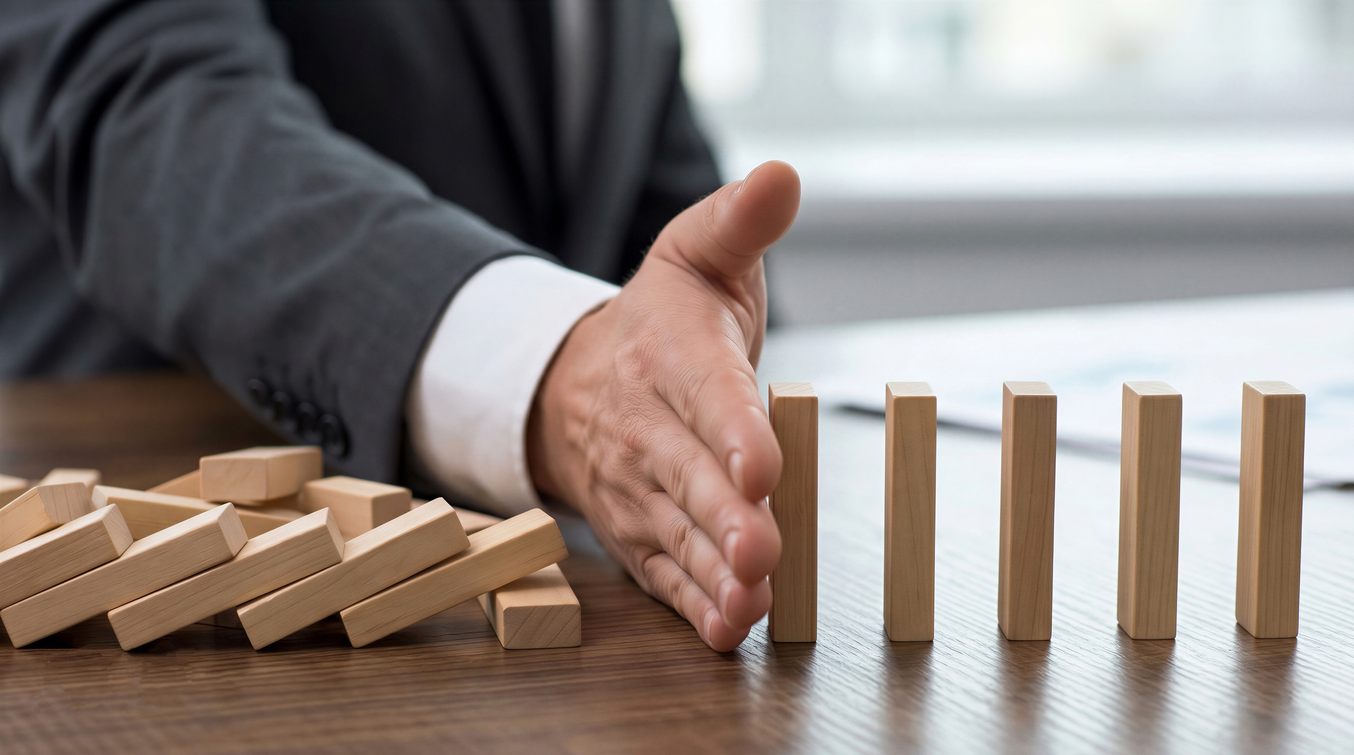 Hand of a businessman stopping a chain reaction of falling wooden blocks, concept for crisis prevention and risk management in business